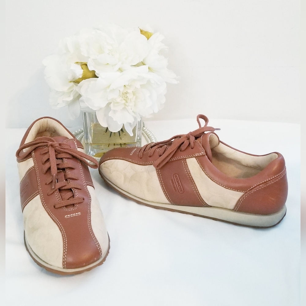 COACH Noella Sneakers Brown Leather and Cream Canvas Signature Monogram Sneakers